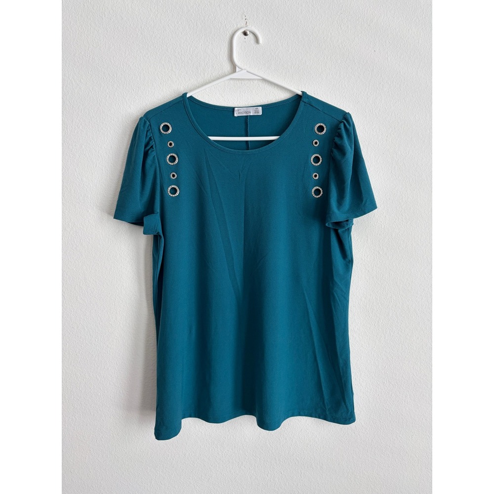 89th + Madison Teal Blue Grommet Rhinestone Short Sleeve Top Medium